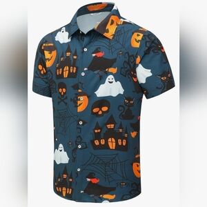Halloween Themed Short Sleeve Button Down Shirt, Size Medium, Unisex, New W/Tags